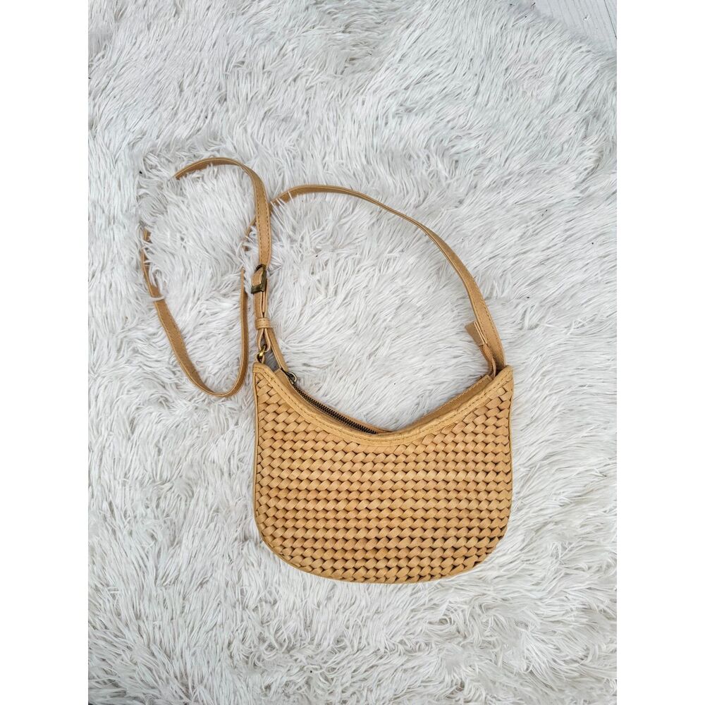 Bembien Mini Sling Bag Handwoven Leather Crescent Crossbody Tan Caramel Like New